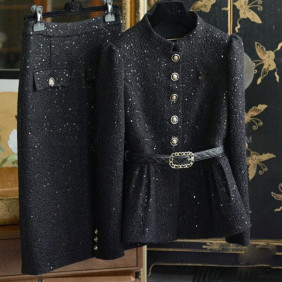 Women Tweed Stand-up Blazer Coat Bodycon Skirt Suits Formal Set SzBanquet Party 
